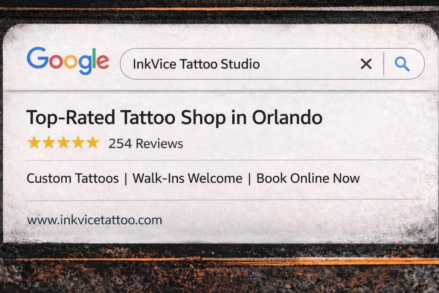 Example of local SEO services ranking a tattoo studio first on Google with 5-star reviews